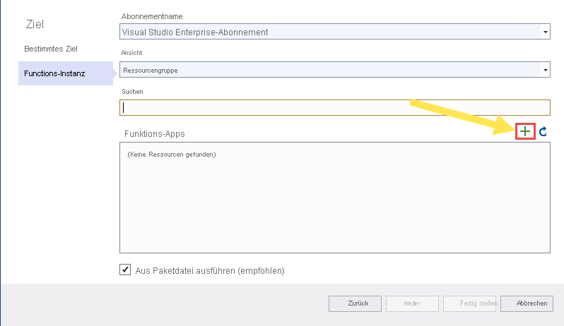Screenshot der Schaltfläche „Funktion hinzufügen“ im Visual Studio-Dialogfeld „Veröffentlichen“