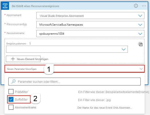 Screenshot, der das Hinzufügen eines neuen Parameters vom Typ Suffixfilter zeigt.