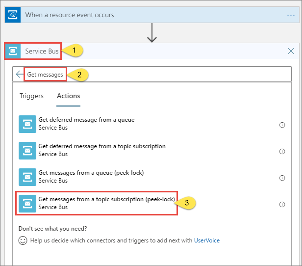 Screenshot: Logikappdesigner mit ausgewählter Option zum Abrufen von Nachrichten aus einem Themenabonnemen.