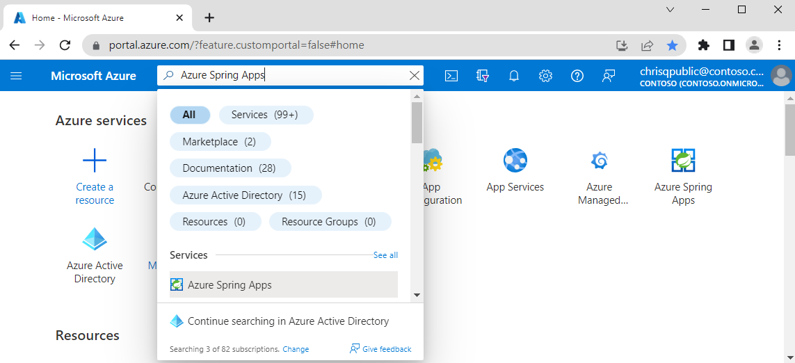 Der Screenshot des Azure-Portals mit Auswahl von Azure Spring-Apps.