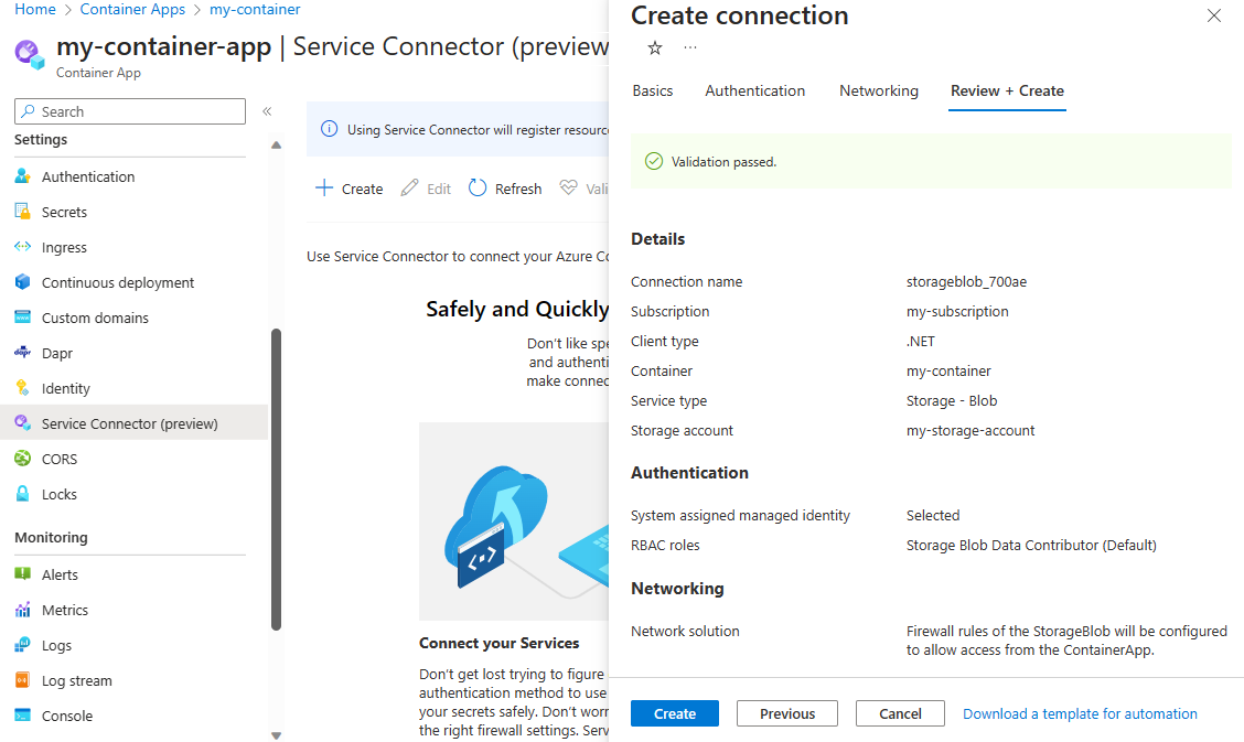 Screenshot des Microsoft Azure-Portal, Container-App-Verbindungsvalidierung.