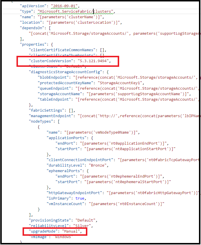 Screenshot mit Vorlage, in der der Klartext eingerückt ist, um die Struktur widerzuspiegeln. Die Eigenschaften „clusterCodeVersion“ und „upgradeMode“ sind hervorgehoben.