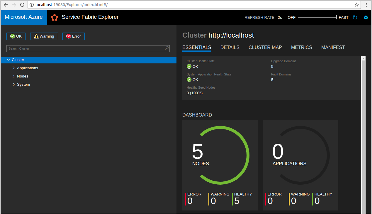 Azure Service Fabric Explorer zeigt fehlerfreie Knoten an.