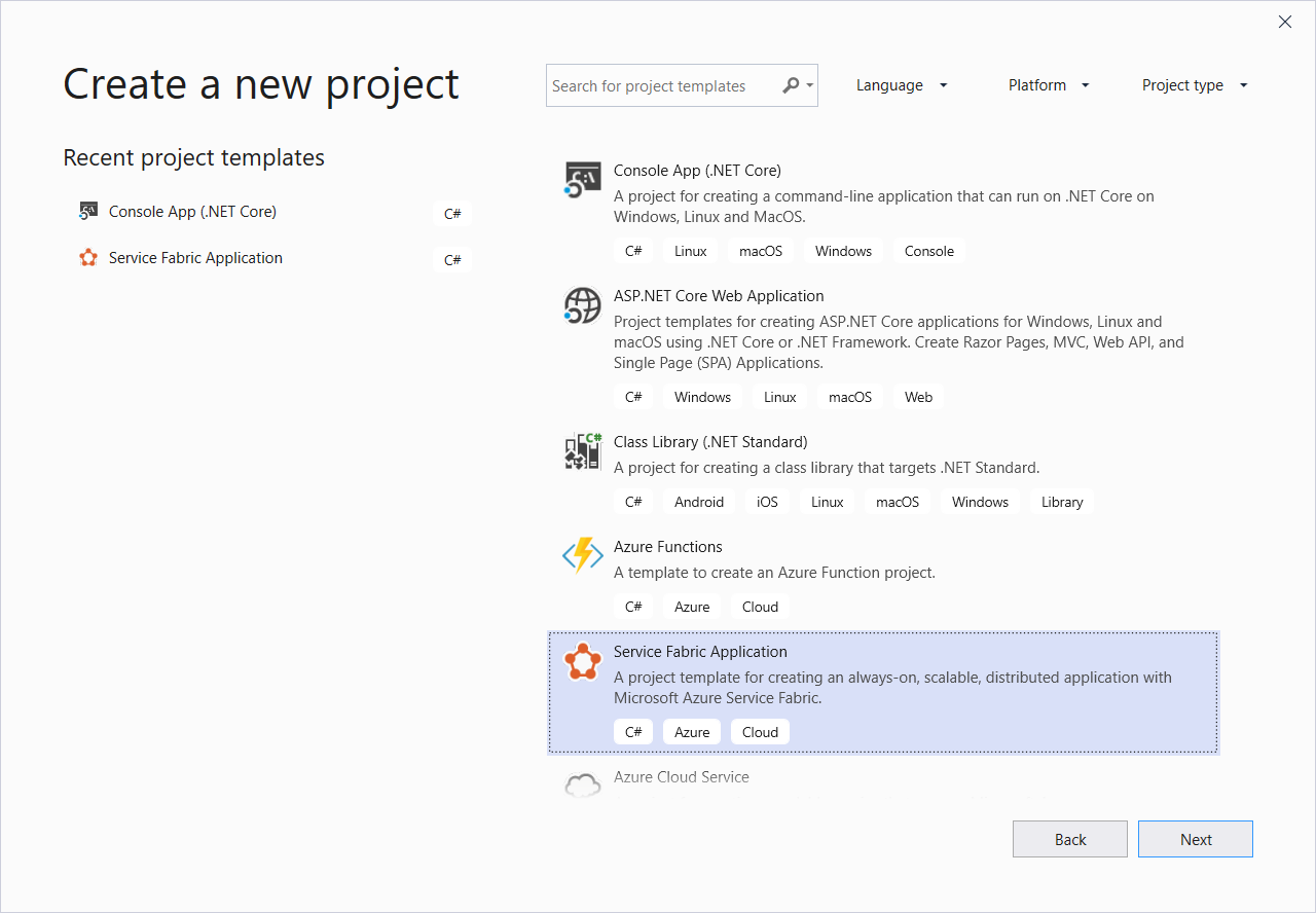 Screenshot: Erstellen eines neuen Projektdialogs in Visual Studio.