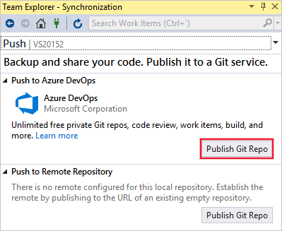 Screenshot: Team Explorer-Synchronisierungsfenster in Visual Studio. Unter „Per Push an Azure DevOps übertragen“ ist die Schaltfläche „Git-Repository veröffentlichen“ hervorgehoben.