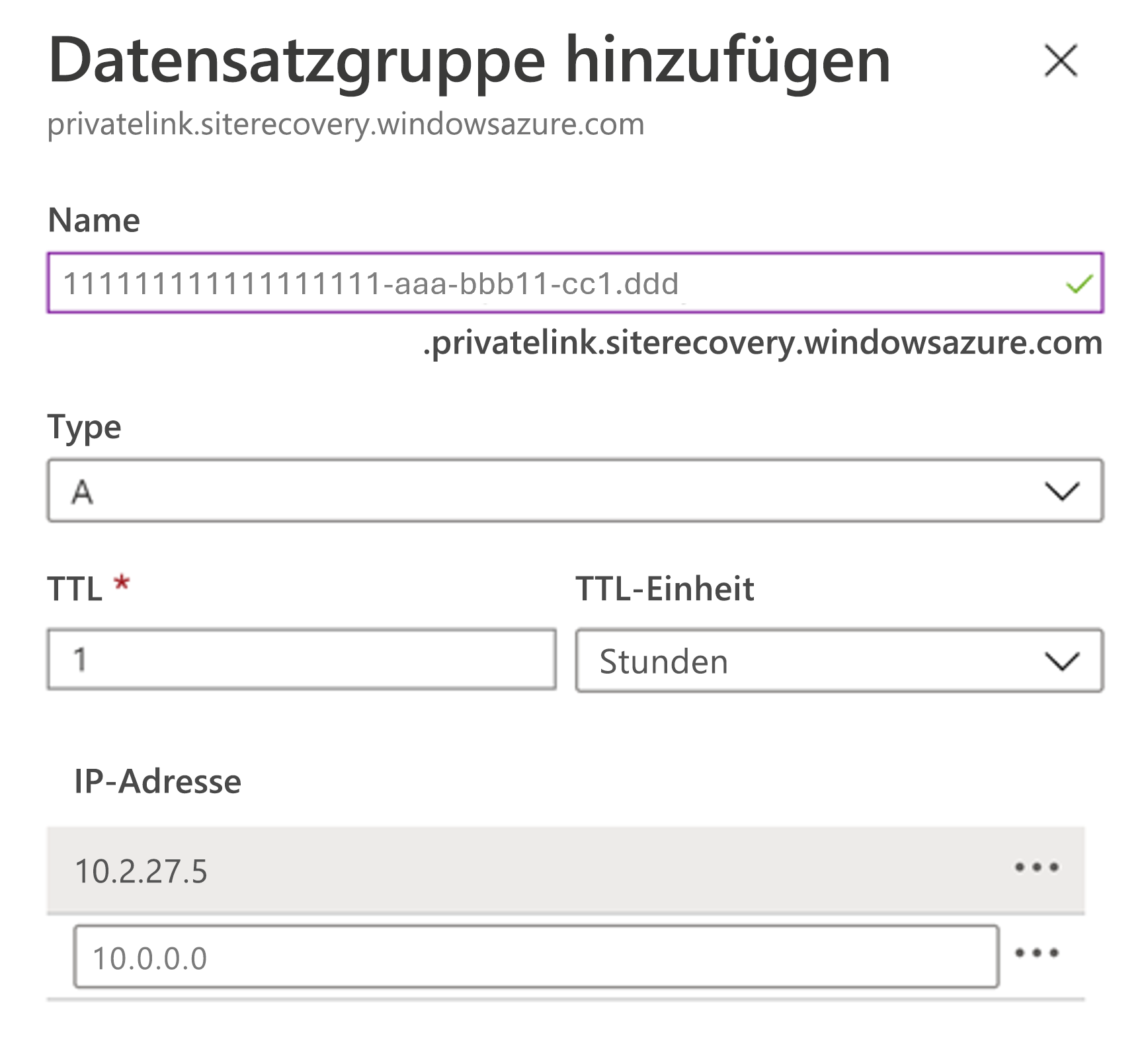 Seite zum Hinzufügen eines DNS-A-Eintrags für den vollqualifizierten Domänennamen zum privaten Endpunkt im Azure-Portal