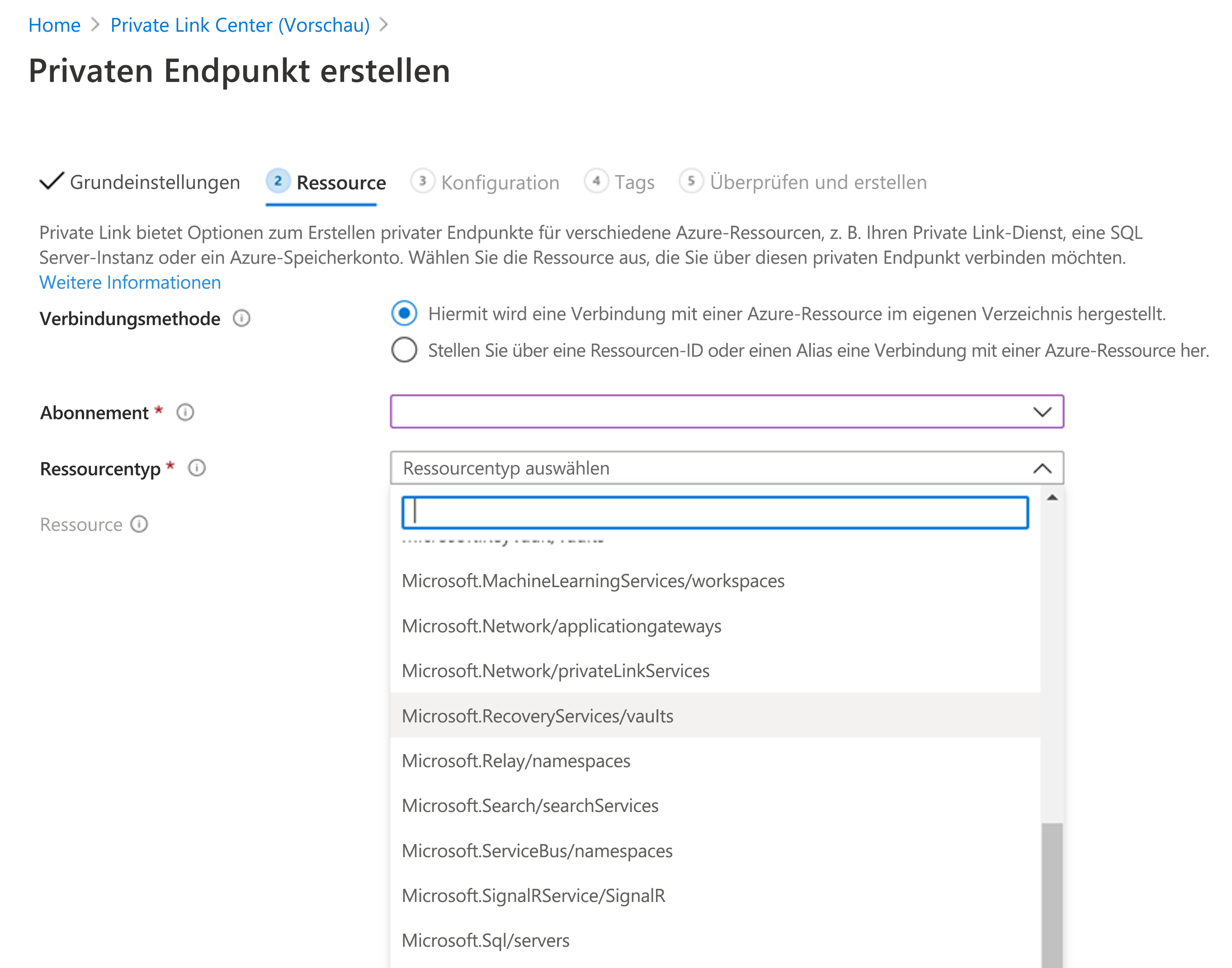 Registerkarte „Ressource“, Ressourcentyp, Ressource und untergeordnete Zielressource für die Verknüpfung mit einem privaten Endpunkt im Azure-Portal