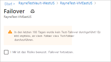 Seite, auf der Sie bestätigen, dass ein Failover ohne Testfailover ausgeführt werden soll