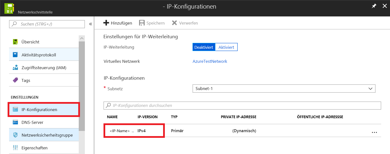 Screenshot: Seite „IP-Konfigurationen“ für die Netzwerkschnittstelle, wobei der Name der IP-Konfiguration ausgewählt ist.