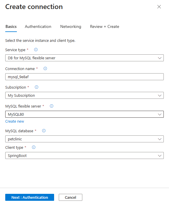 Screenshot: Ausfüllen der Registerkarte „Grundlagen“ in Dienstconnector im Azure-Portal