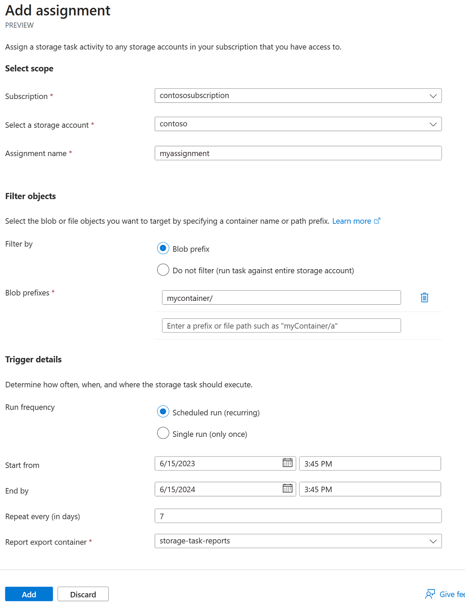 Screenshot der Registerkarte „Zuweisung“ der Erfahrung „Speicheraufgabenerstellung“.