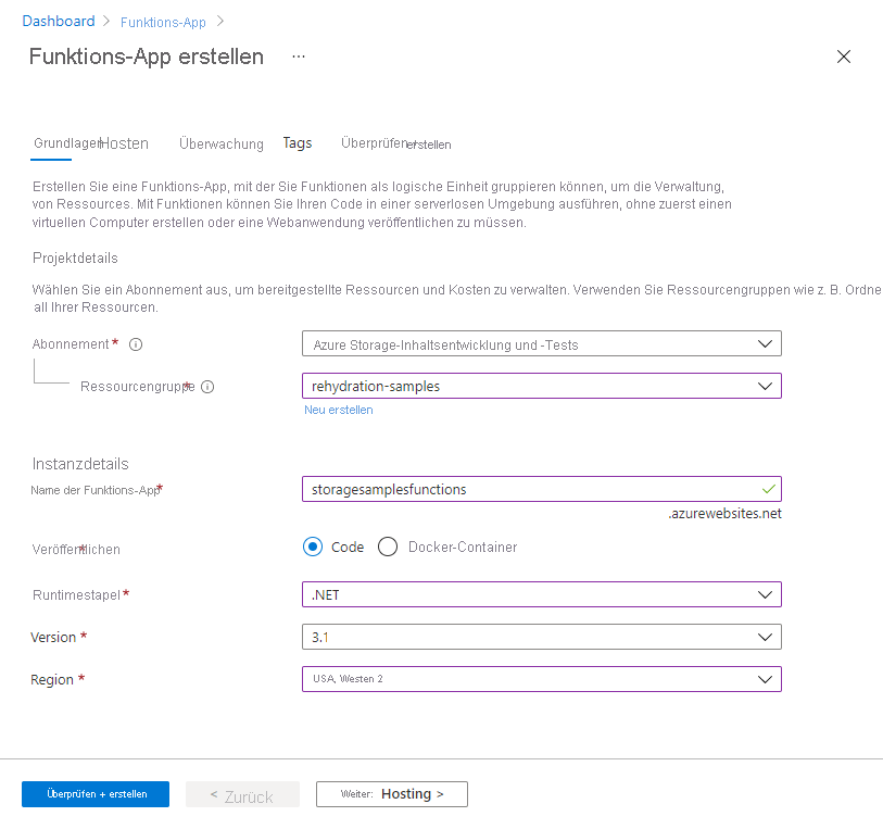 Screenshot zum Erstellen einer neuen Funktions-App in Azure, Registerkarte „Grundlagen“