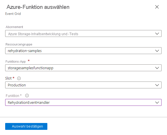 Screenshot zur Auswahl einer Azure-Funktion als Endpunkt für ein Event Grid-Abonnement