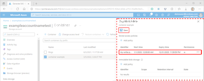 Screenshot showing how to apply a stored access policy within the Azure portal.