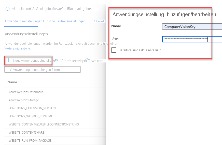 Screenshot: Hinzufügen einer neuen Anwendungseinstellung zu einer Azure-Funktion