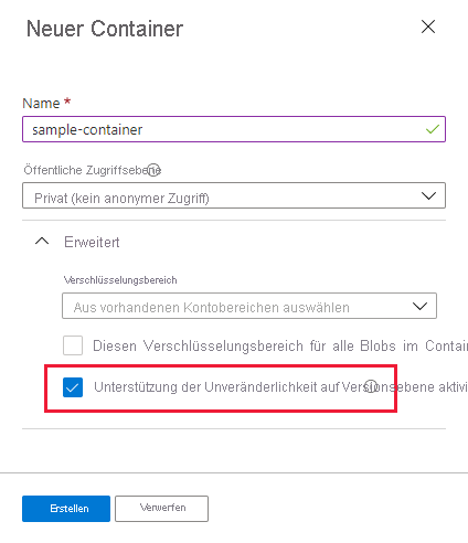 Screenshot: Erstellen eines Containers mit aktivierter Unveränderlichkeit auf Versionsebene