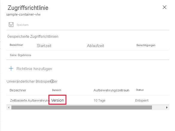 Screenshot: Für einen Container konfigurierte Standardaufbewahrungsrichtlinie auf Versionsebene