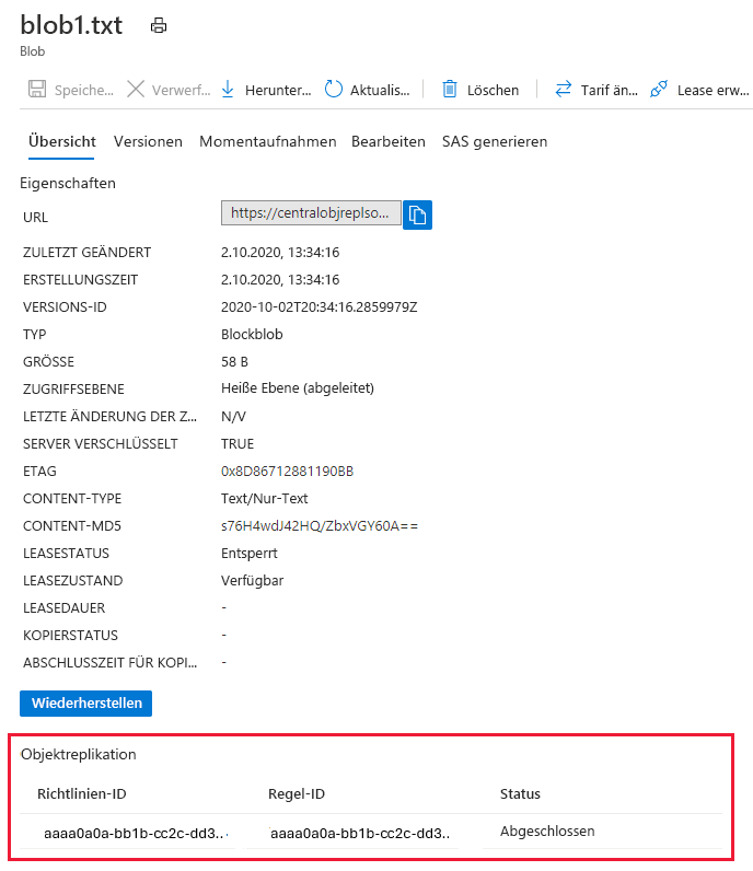 Screenshot showing replication status for a blob in the source account