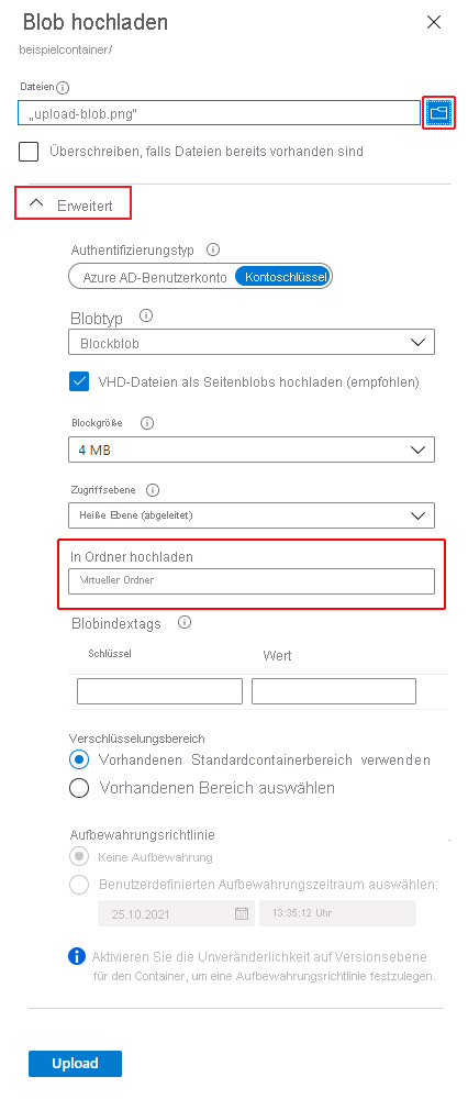 Screenshot showing how to upload a blob from your local drive via the Azure portal