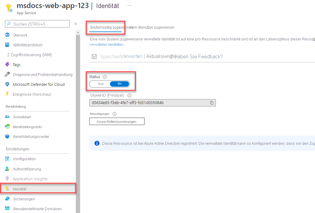 Screenshot showing how to assign a system assigned managed identity.