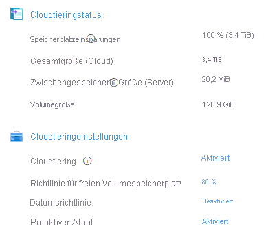 Screenshot, der den Cloudtieringstatus und die Zusammenfassung der Einstellungen zeigt.