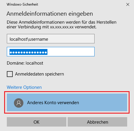 Screenshot: Eingeben Ihrer Anmeldeinformationen für die VM