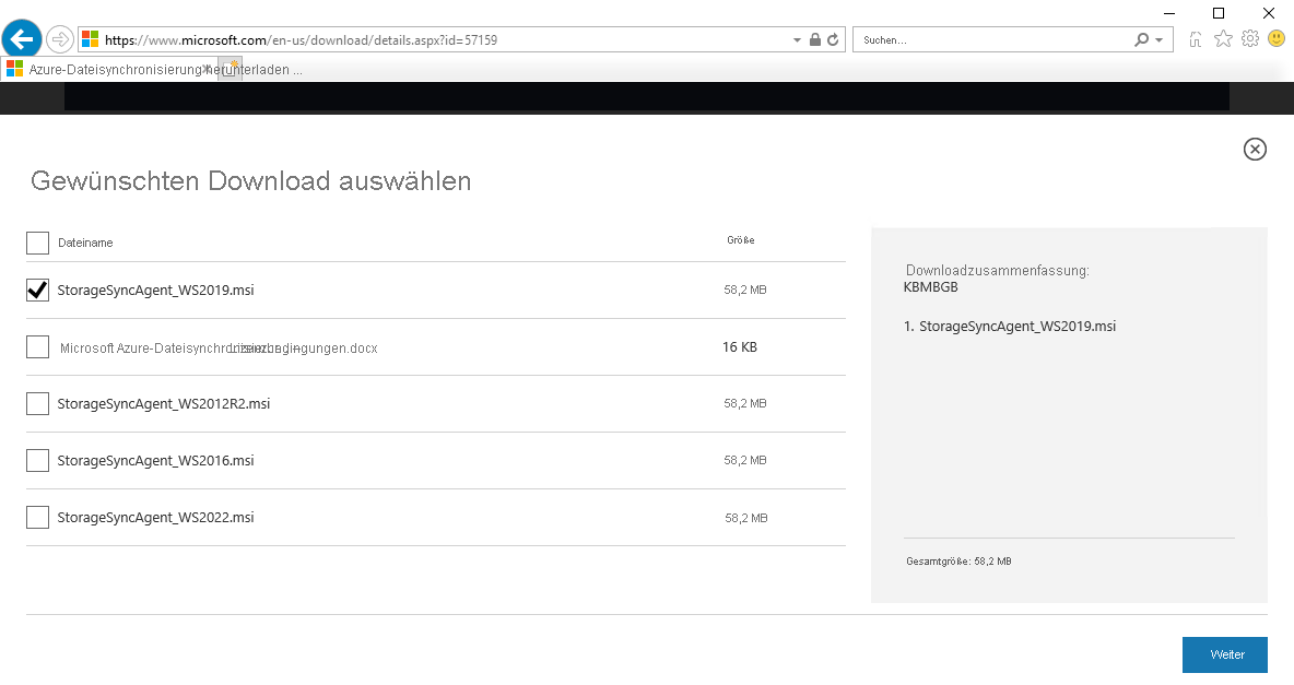 Screenshot: Auswählen des richtigen Downloads des Azure-Dateisynchronisierung-Agents