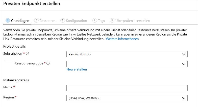 Screenshot des Abschnitts „Grundlagen“ des Abschnitts „Erstellen eines privaten Endpunkts“