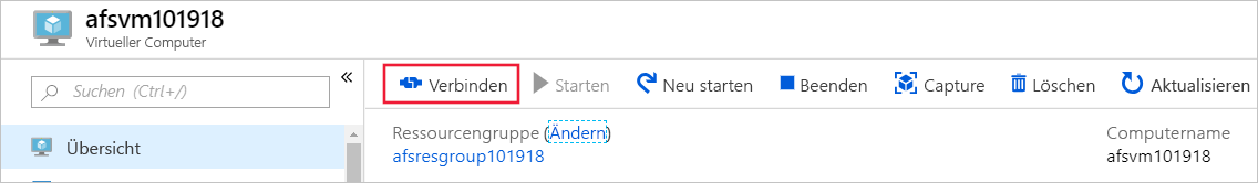 Screenshot: Registerkarte „VM“ mit Hervorhebung der Option „+ Verbinden“