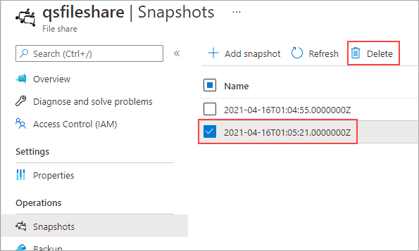 Screenshot: Registerkarte „Momentaufnahmen“ mit Auswahl der letzten Momentaufnahme und Hervorhebung der Schaltfläche „Löschen“