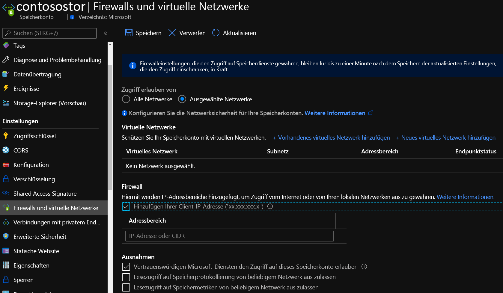 Zeigt Storage Firewall-Einstellungen im Portal an.