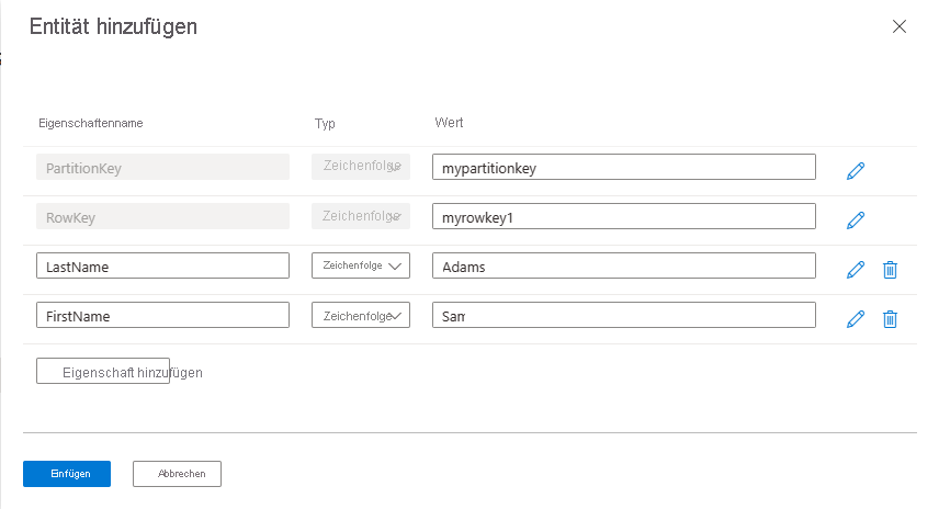 Screenshot showing how to add properties to an entity in Storage Browser in the Azure portal.