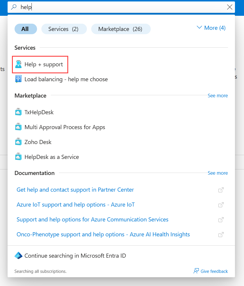 Screenshot: Seite „Hilfe + Support“ im Azure-Portal