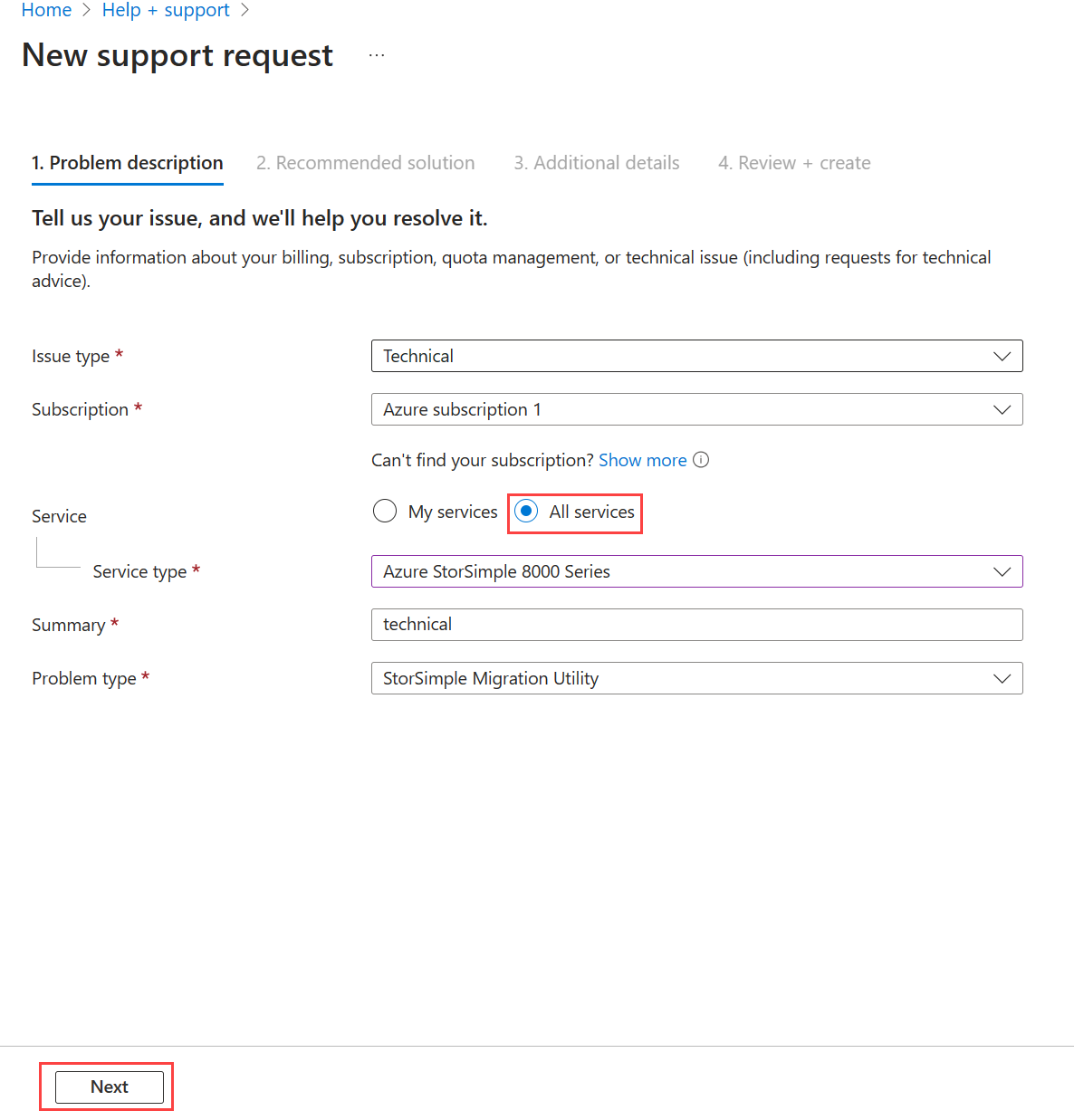 Screenshot: Seite „Hilfe + Support“ im Azure-Portal