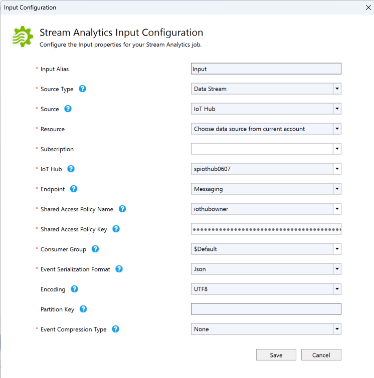 Screenshot zeigt die Seite „Stream Analytics-Eingabekonfiguration“.