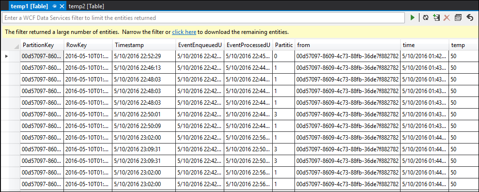 Tabelle „temp1“ der SELECT INTO-Abfrage in Stream Analytics