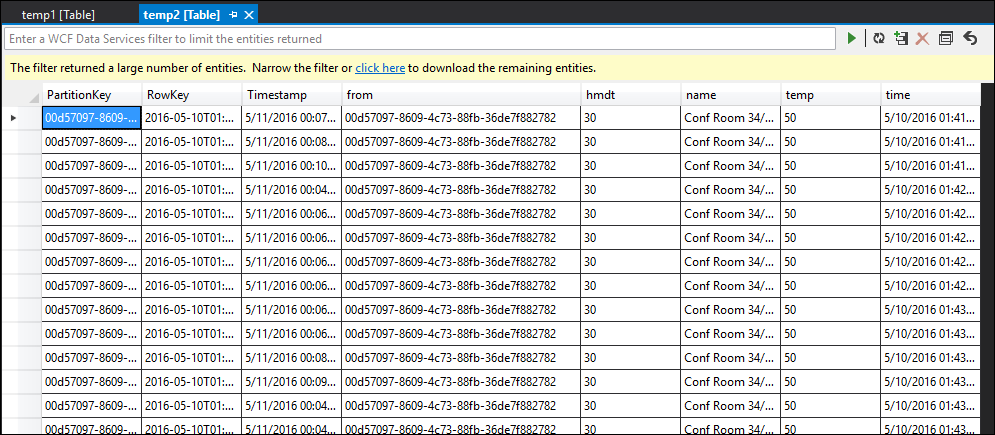 Tabelle „temp2“ der SELECT INTO-Abfrage in Stream Analytics