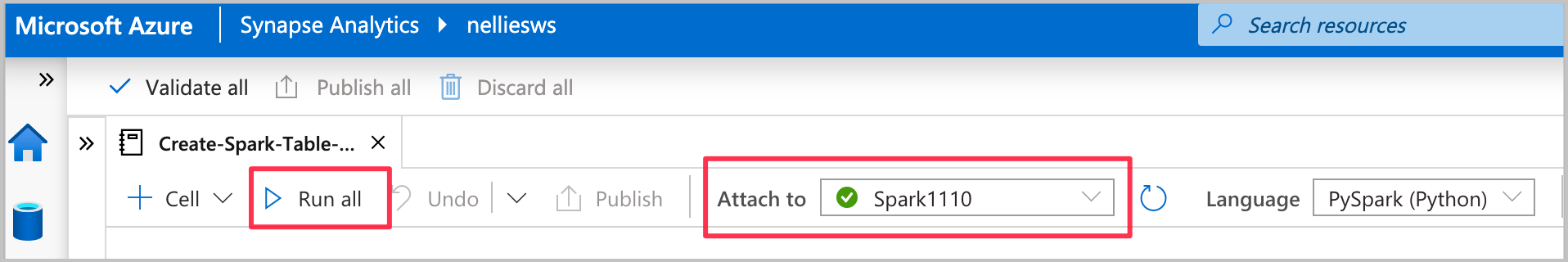 Screenshot: Azure Synapse Analytics mit hervorgehobener Option „Alle ausführen“ und hervorgehobener Spark-Datenbank