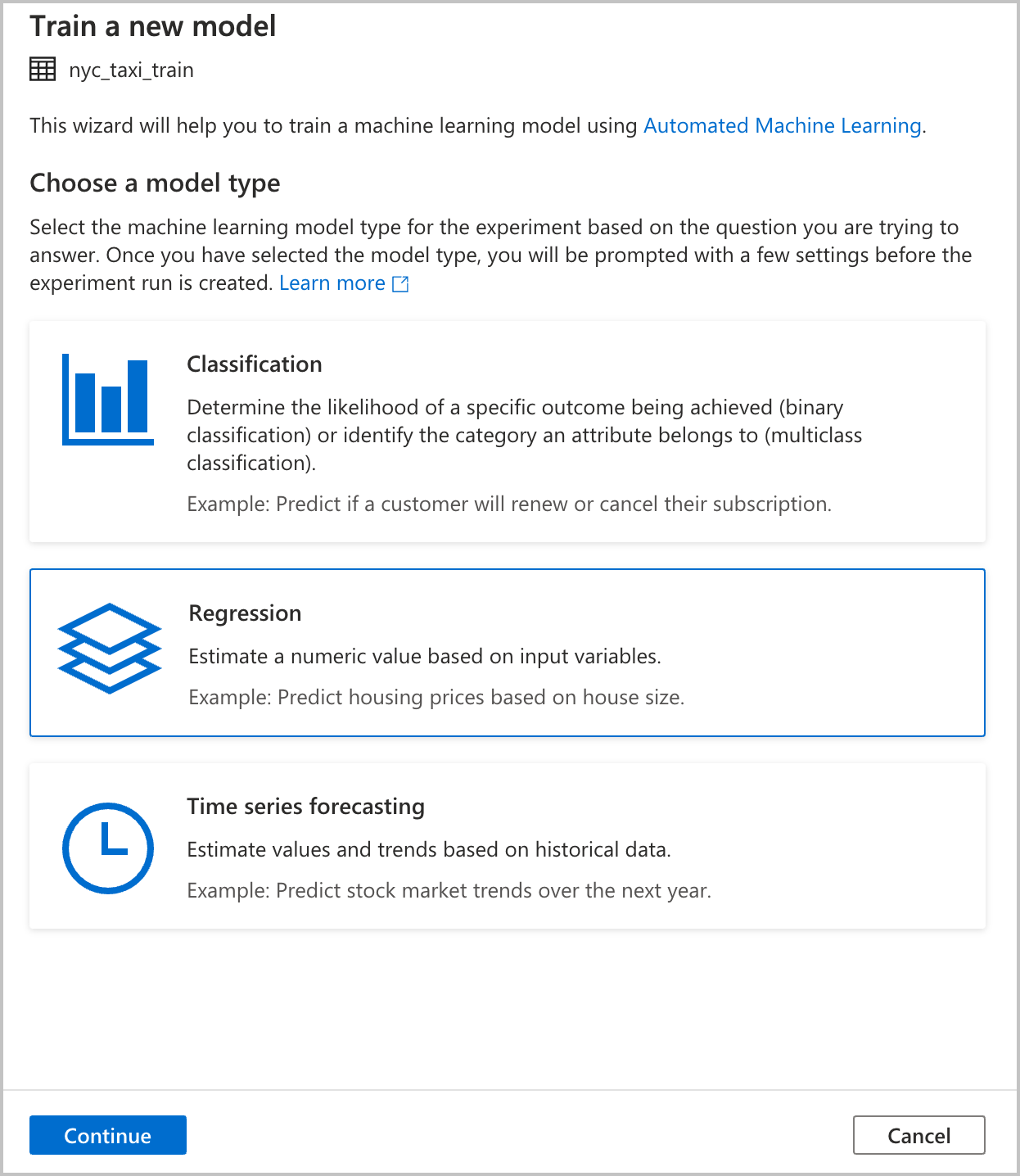 Screenshot: Neues Modell trainieren mit hervorgehobener Option „Regression“