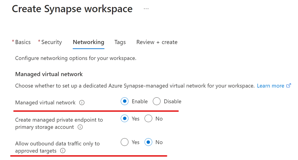 Screenshot: Erstellen eines Azure Synapse-Arbeitsbereichs, der ausgehenden Datenverkehr zulässt