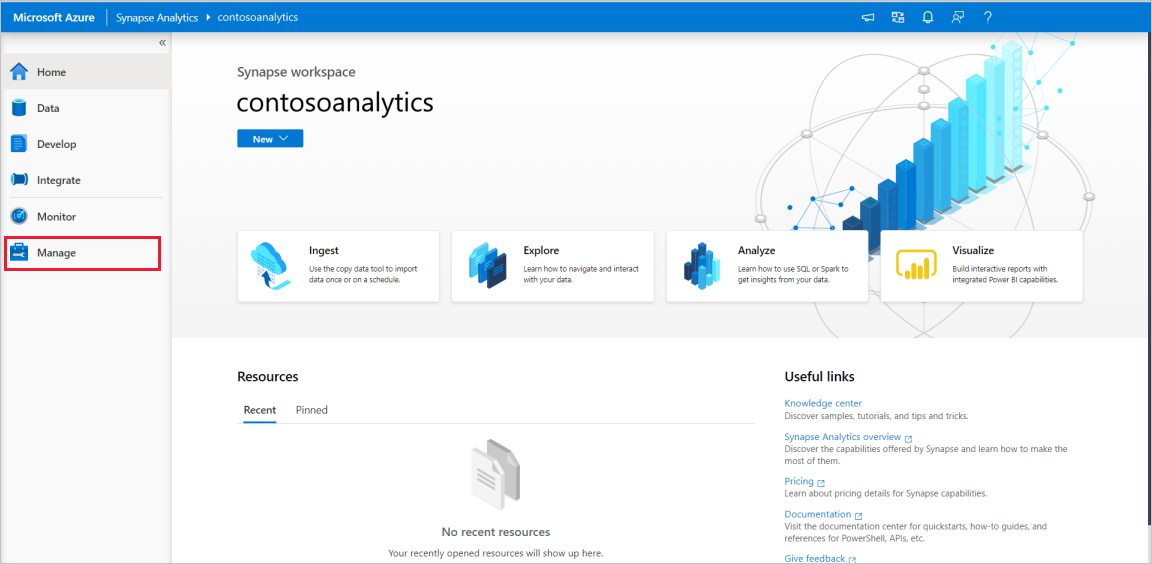 Screenshot: Synapse Studio-Startseite mit hervorgehobenem Abschnitt „Verwaltungshub“