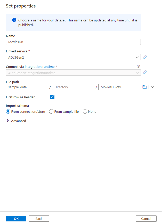 Einstellungen des Quelldatasets