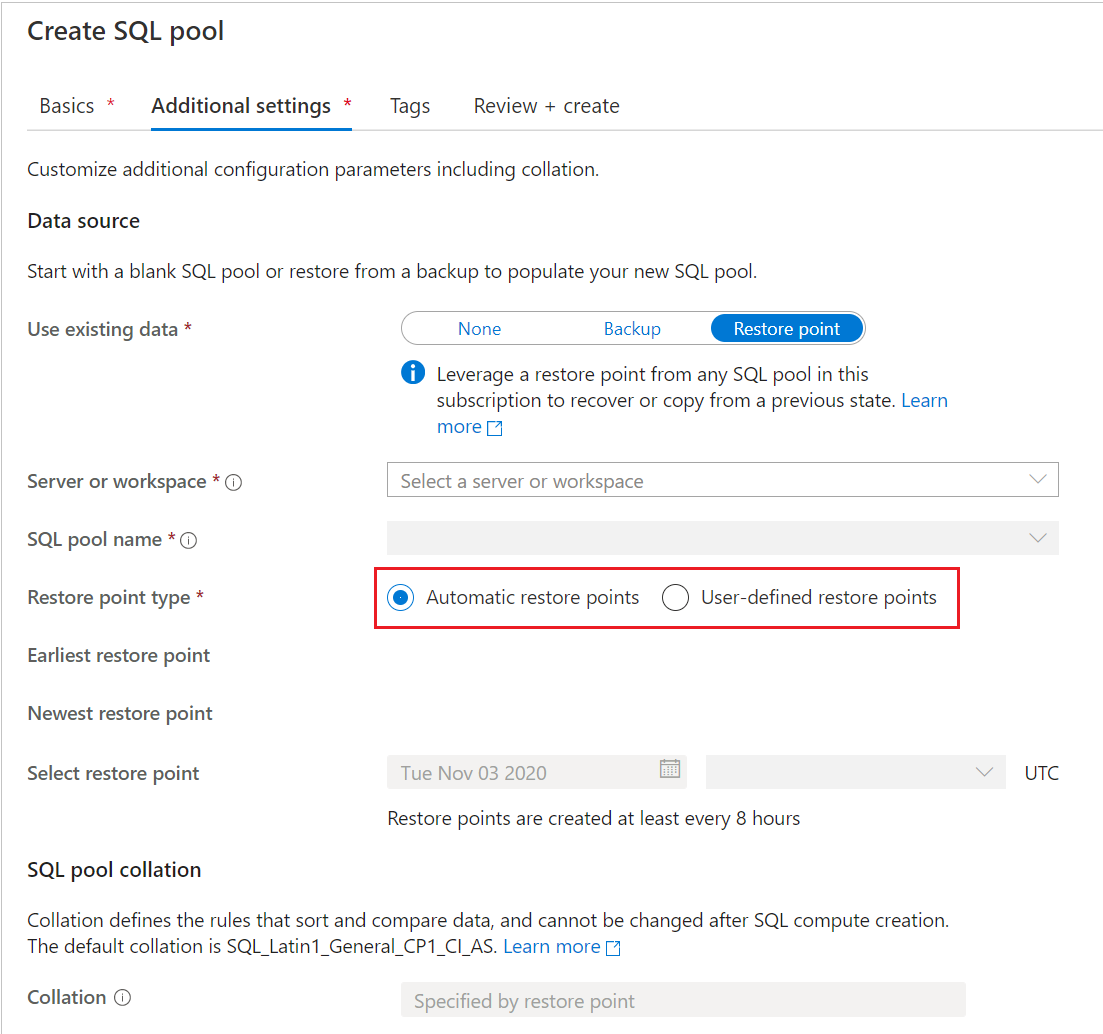 Screenshot aus dem Azure-Portal, Seite SQL-Pool erstellen, Seite „Zusätzliche Einstellungen“. Bei Wiederherstellungspunkttyp ist das Optionsfeld „Automatische Wiederherstellungspunkte“ ausgewählt.