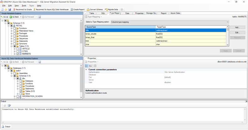 Der Screenshot zeigt, wie Sie mithilfe des SQL Server-Migrationsassistenten für Oracle Tabellen aus einer vorhandenen Oracle-Umgebung zu Azure Synapse migrieren.