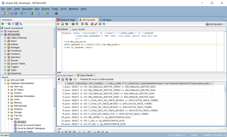 Der Screenshot zeigt, wie ein Skript mit CREATE- und GRANT-Anweisungen in Oracle SQL Developer erstellt wird.