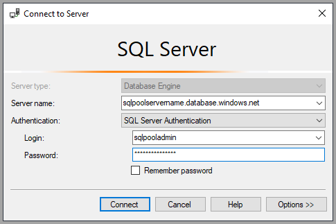 Screenshot von SQL Server Management Studio zum Herstellen einer Verbindung mit dem dedizierten SQL-Pool.