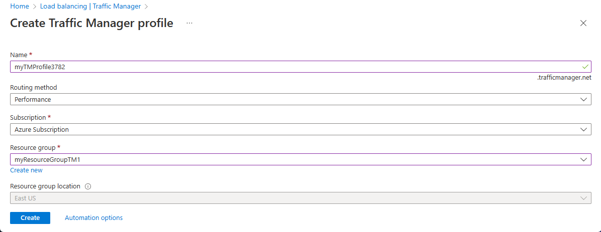 Screenshot der Erstellung eines Traffic Manager-Profils.