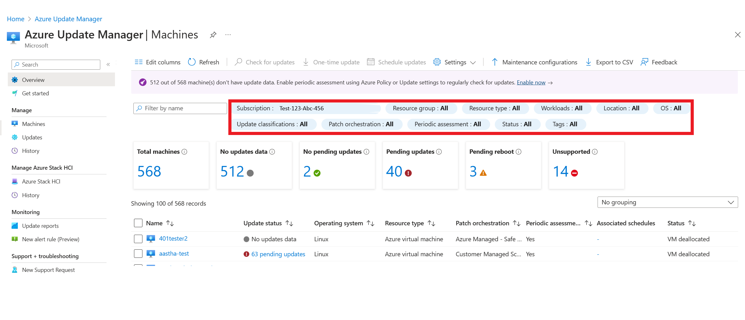 Screenshot: Auswählen der Filter in Azure Update Manager zum Anzeigen der Computer.