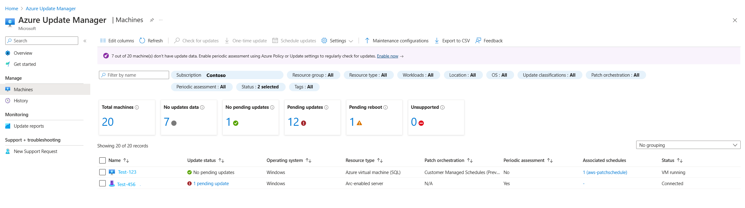 Screenshot zeigt die Seite „Update Manager-Computer“ im Azure-Portal.