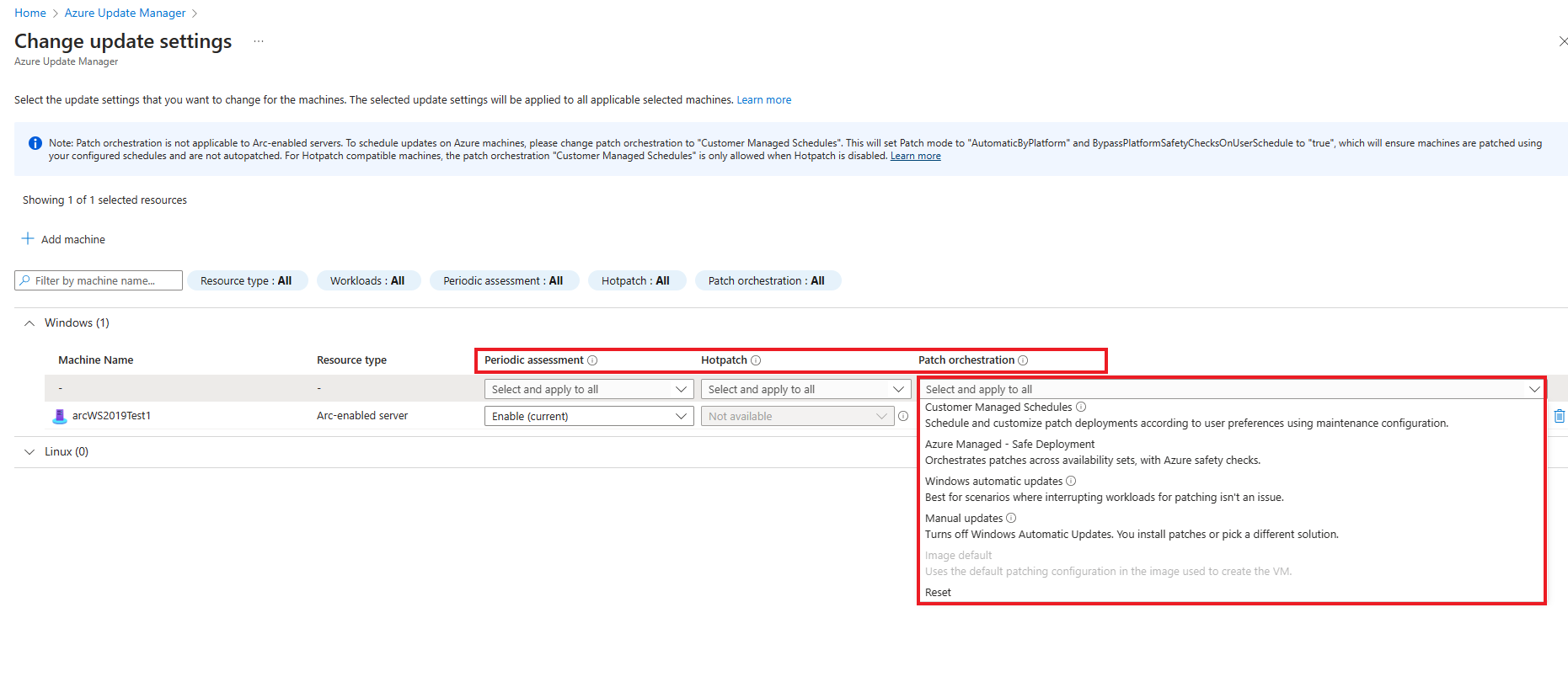 Screenshot: Option zum Ändern der Updateeinstellungen im Azure-Portal